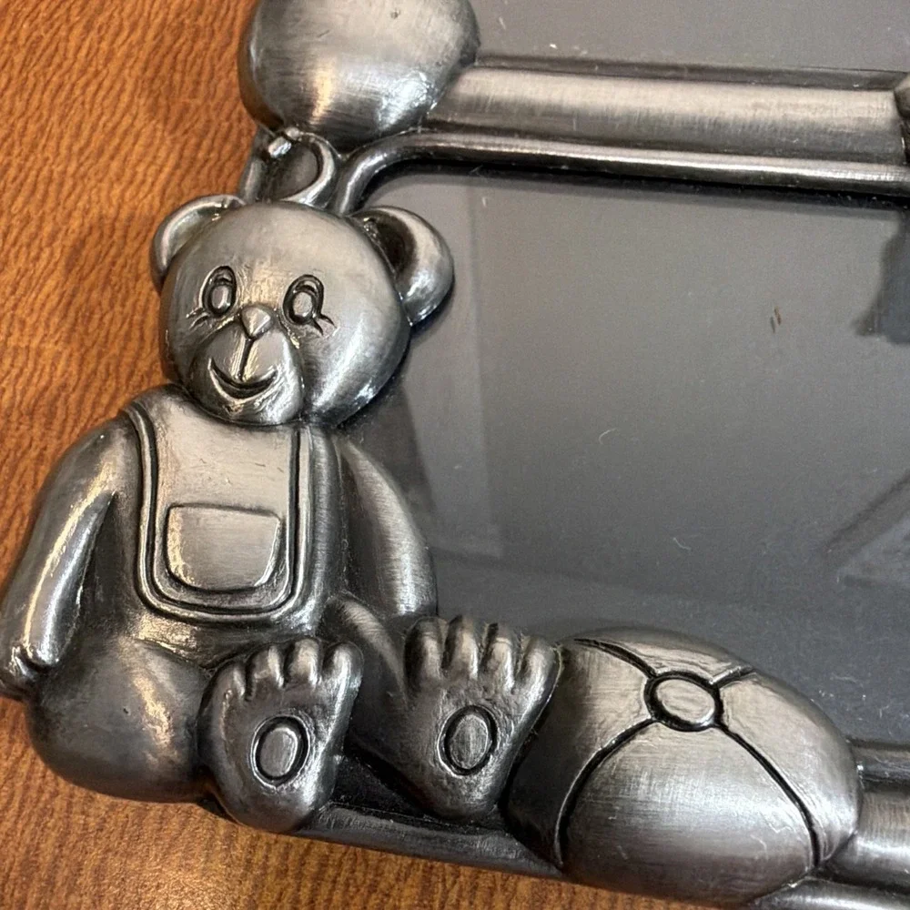 Pewter Baby Collage Picture Frame Vintage Teddy Bear Jack in Box Free Standing